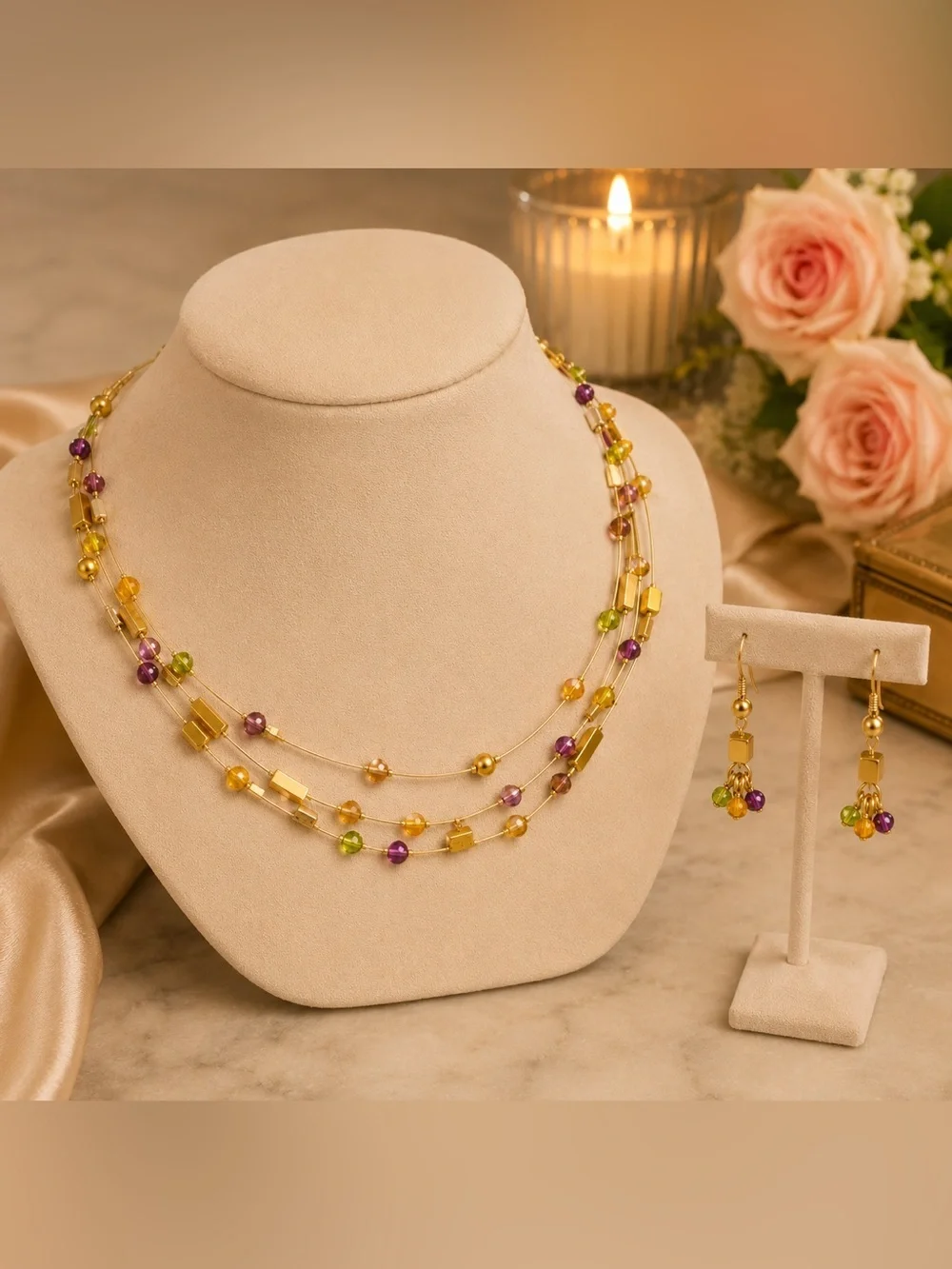 Vintage Avon Cable Necklace & Earrings Set | Gold Tone Beaded Jewelry